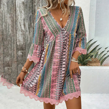 Women's Casual V-Neck Print - Lace Trim Boho Summer Sundress