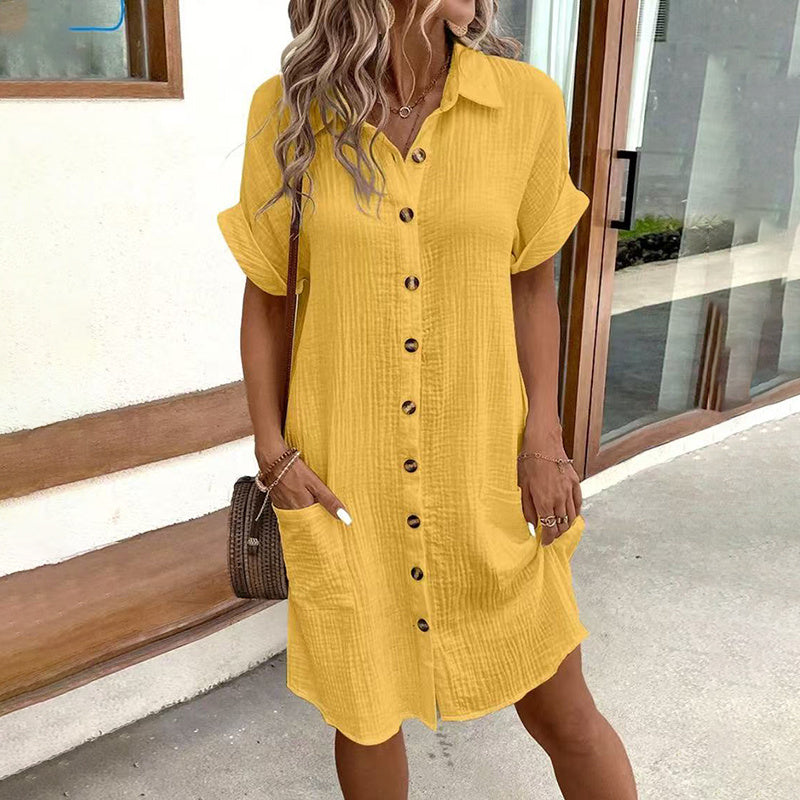 Women Casual Collar Button Down Short Sleeve Tunic Shirt Dress With Pockets