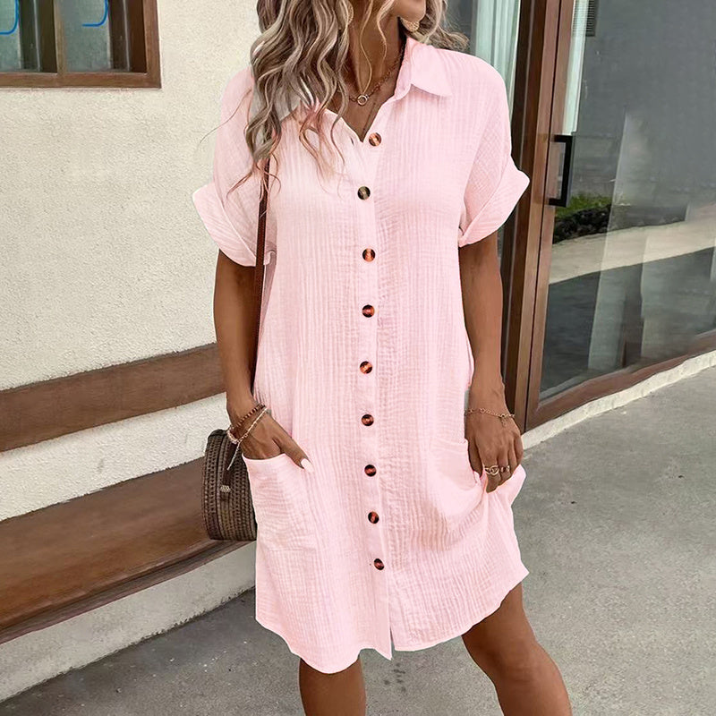 Women Casual Collar Button Down Short Sleeve Tunic Shirt Dress With Pockets