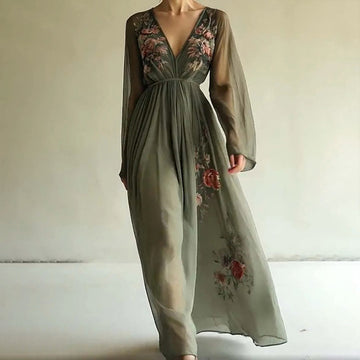 Women's Elegant V-Neck Green Floral Print A-Line Maxi Semi-Sheer Long Sleeve Spring&Summer Dress