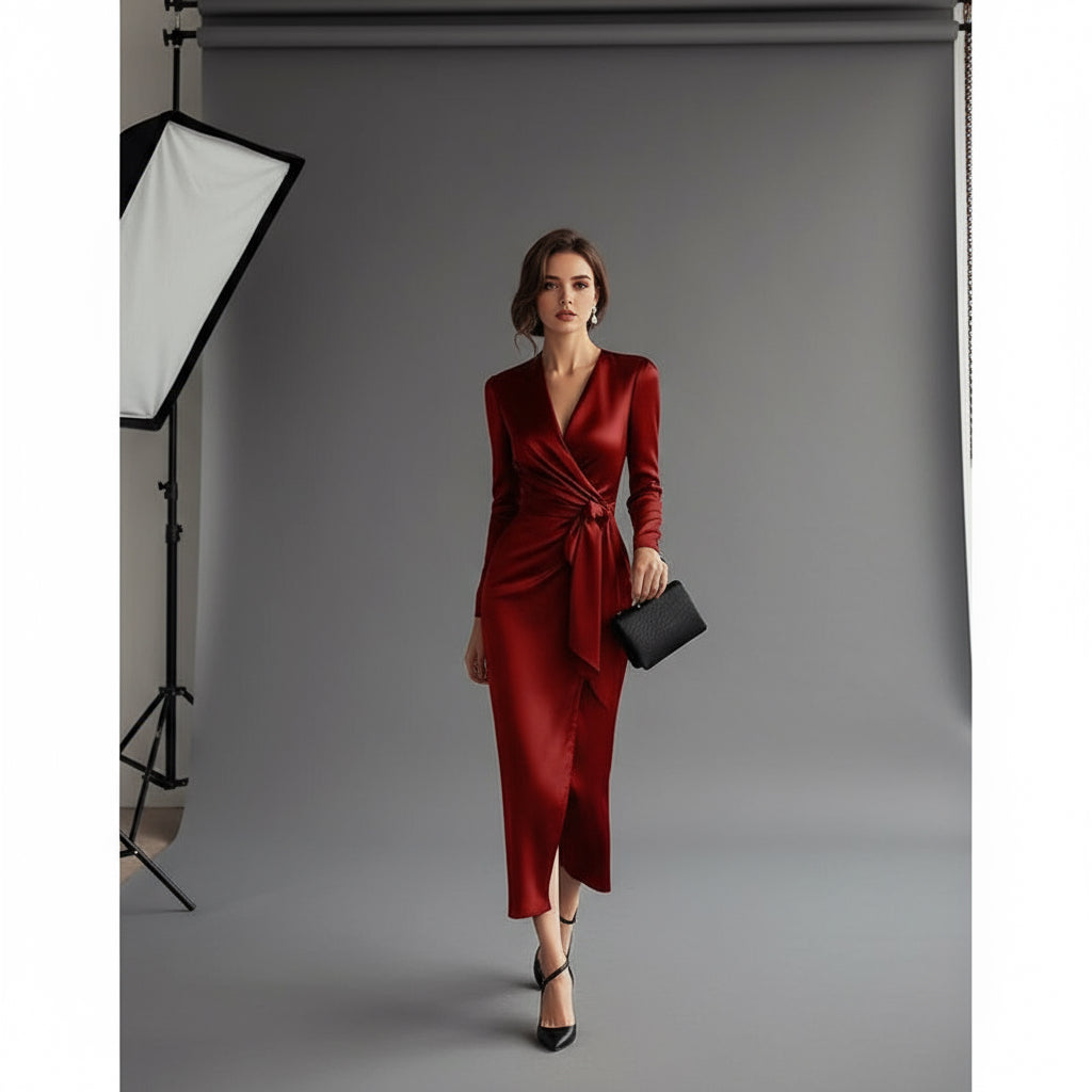 Women's Burgundy Satin Midi Dress Elegant V-Neck Long Sleeve Bodycon Dress With Belted Waist