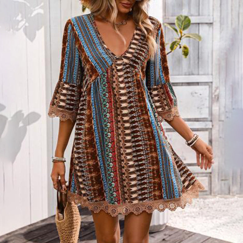 Women's Casual V-Neck Print - Lace Trim Boho Summer Sundress