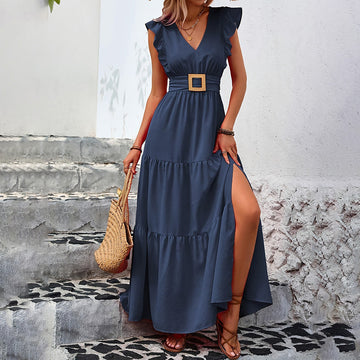 Women's Elegant V-Neck Maxi Dress Short Sleeve Solid Color High Slit Long Dress For Summer Tea Party & Casual Wear